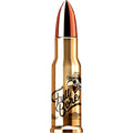 Photograph of a shiny gold bullet-shaped bottle with a reddish-bronze tip, featuring the black cursive 'Full Bore' label and a cartoon eagle mascot wearing a cowboy hat and sunglasses